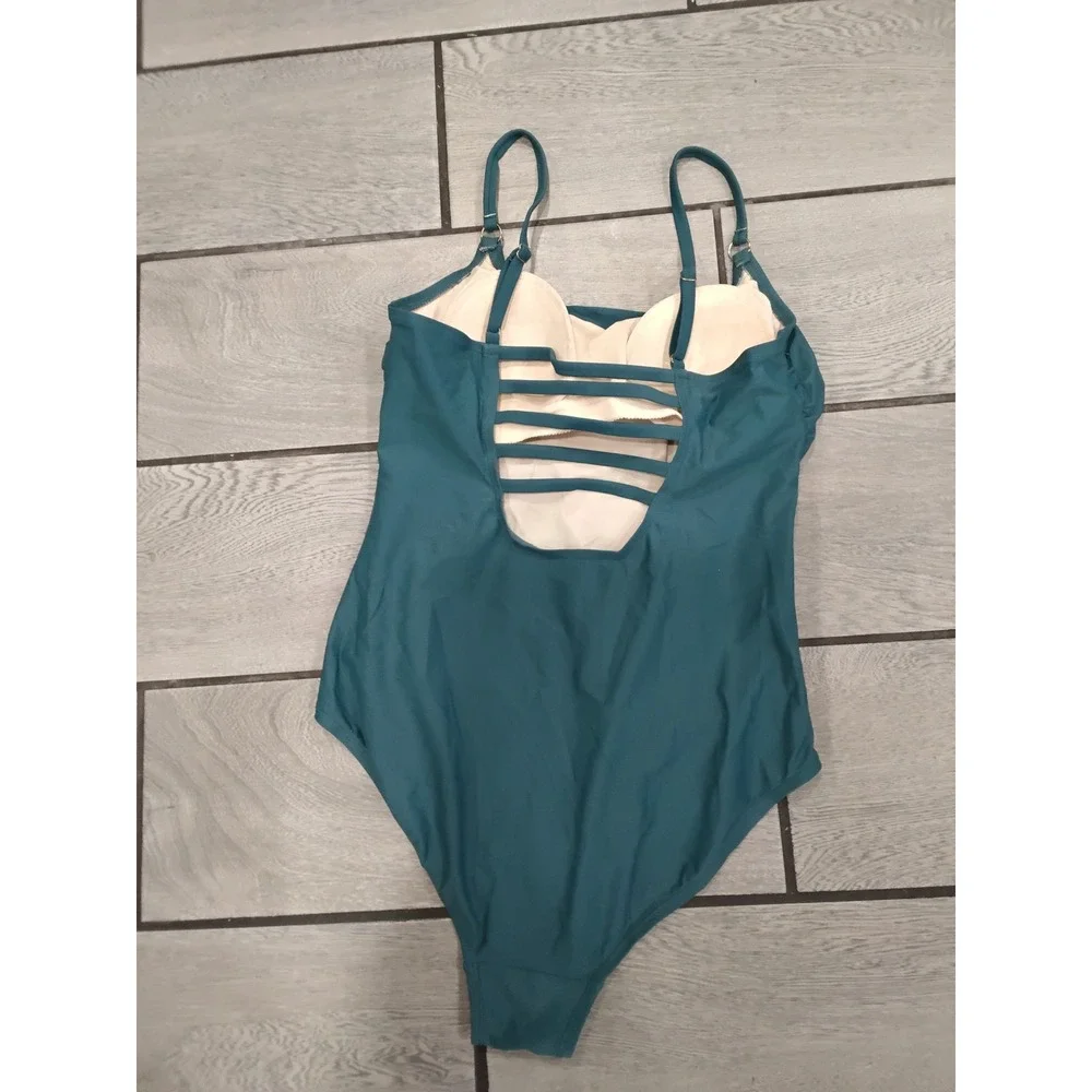 Kona Sol Womens Teal Blue Ruched‎ Front Ladder Back One Piece Swimsuit Size L